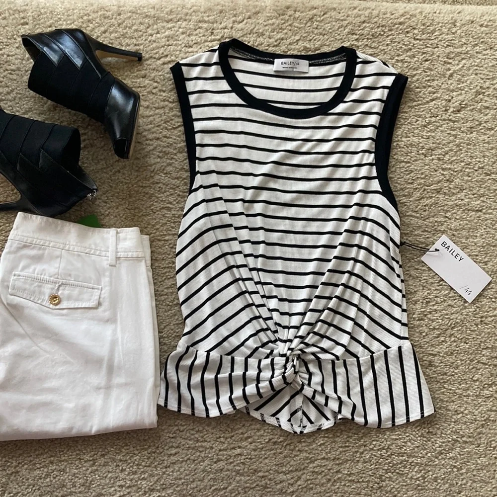 Bailey 44 Black & White Stripe Twist & Shout Tank - Picture 1 of 6